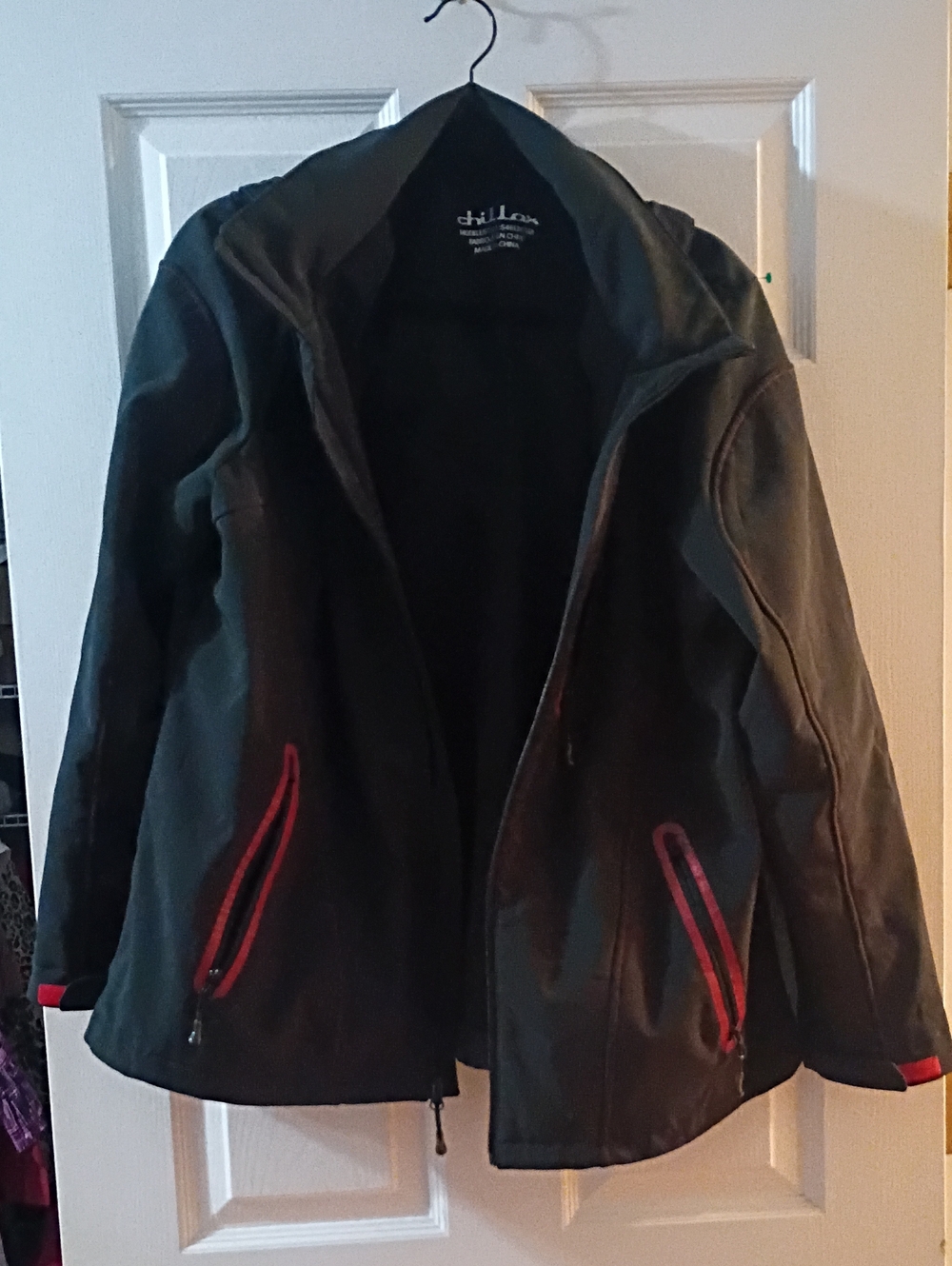 Black Hooded Rain Jacket with Red Accents